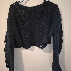 Black Distressed Cropped Knit Sweater